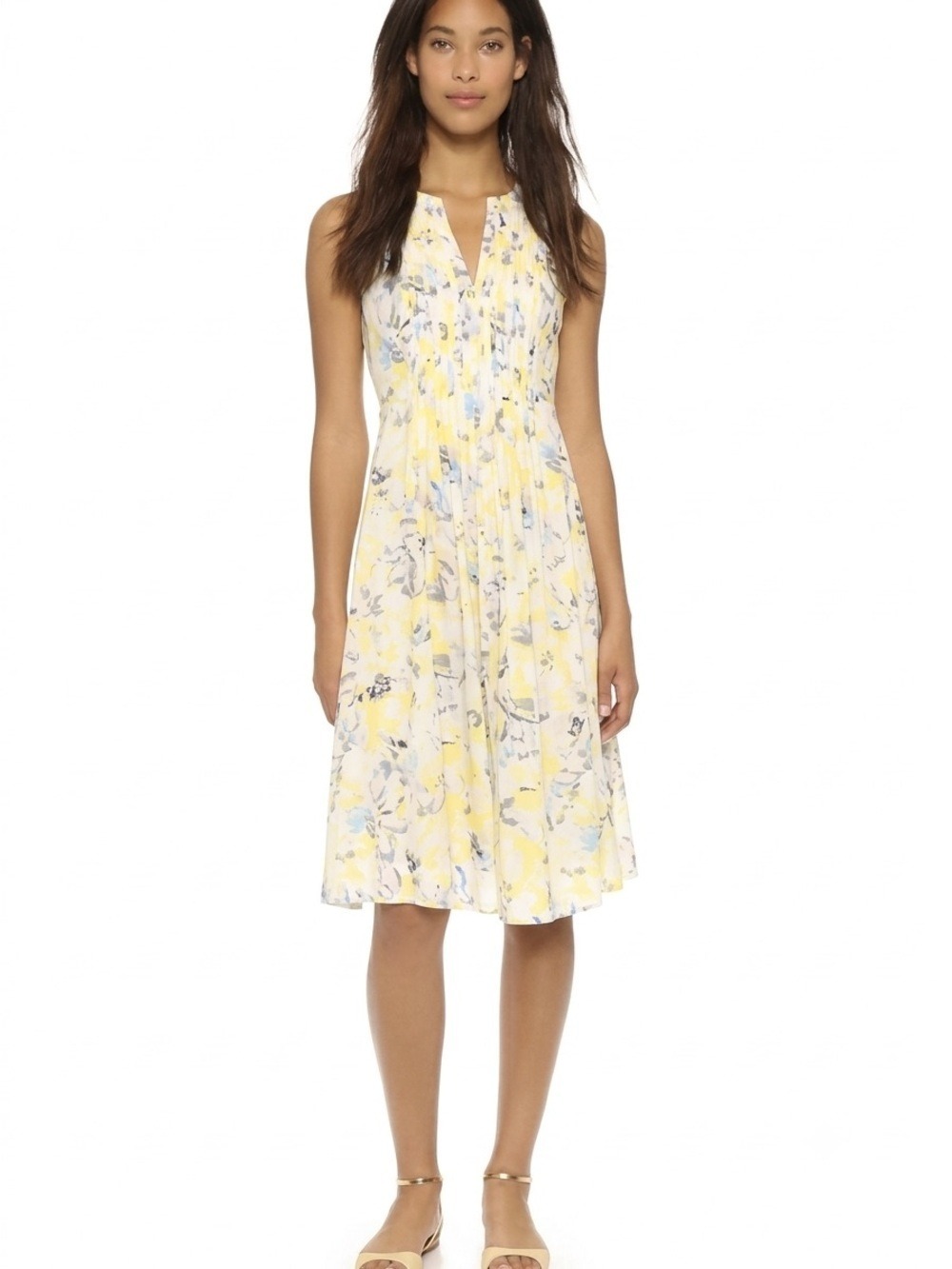 Rebecca Taylor Aloha Print Pintuck Sleeveless Midi Dress Size 8 Lemon Yellow